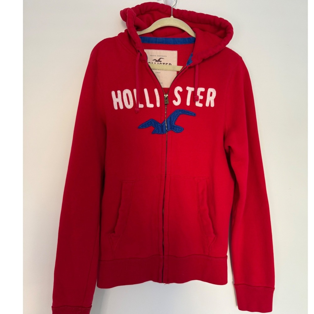 Vintage Y2K Hollister Hoodie Unisex Large Red Full Zip Jacket Spellout Fleece